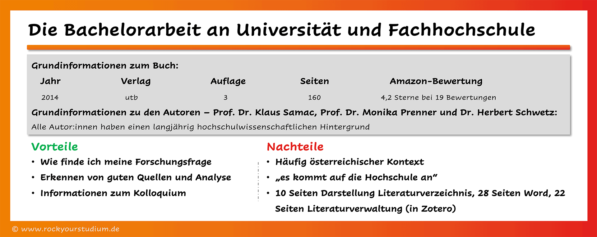 Übersicht der Vor- und Nachteile des Abschlussarbeitenratgebers: Die Bachelorarbeit an Universität und Fachhochschule