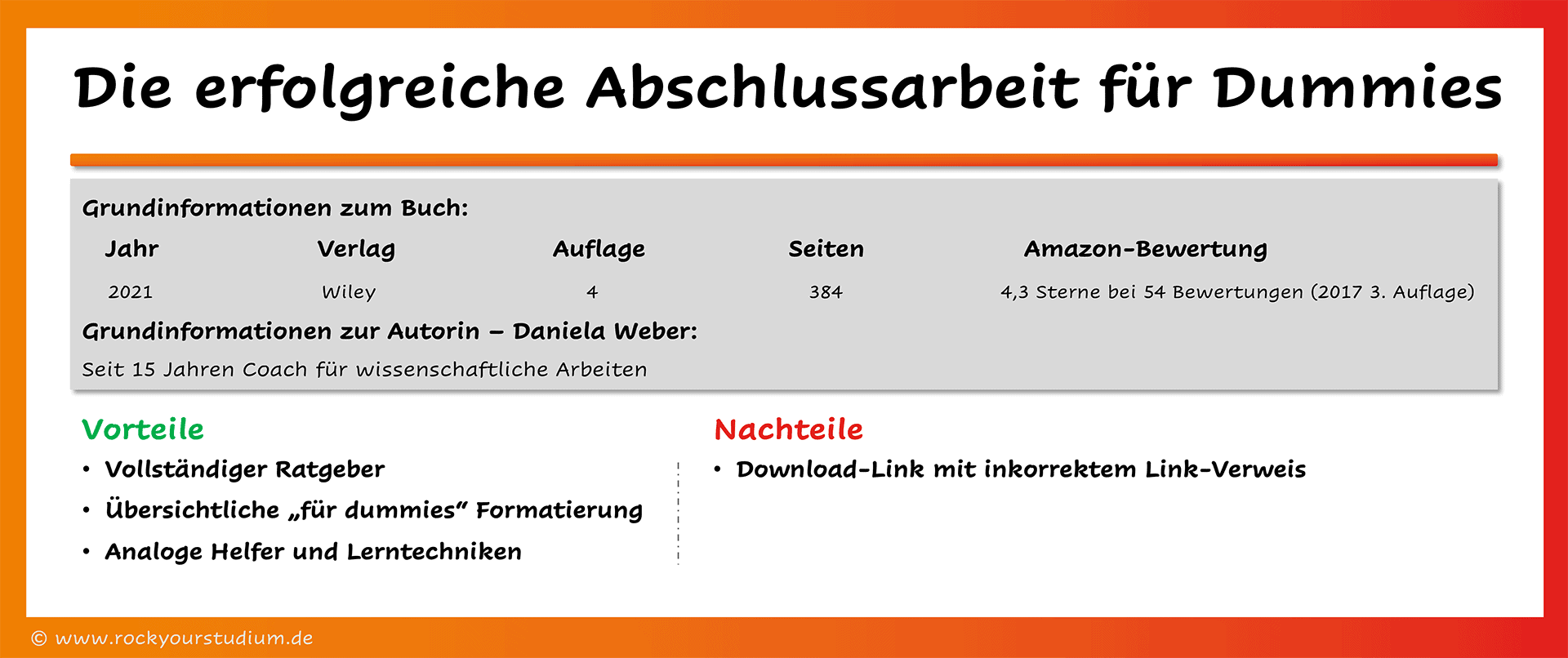 Übersicht der Vor- und Nachteile des Abschlussarbeitenratgebers: Die erfolgreiche Abschlussarbeit für Dummies